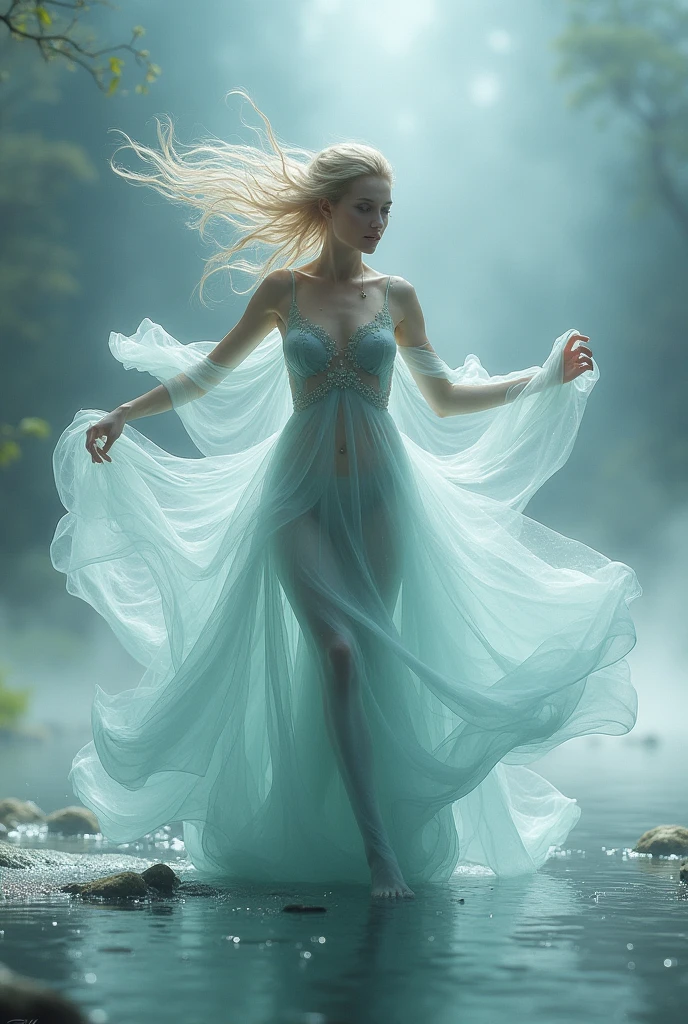 Water Spirit。Windine。Holy Water Maiden。translucent。Playing by the water。Spirit Body。Young。Pure。