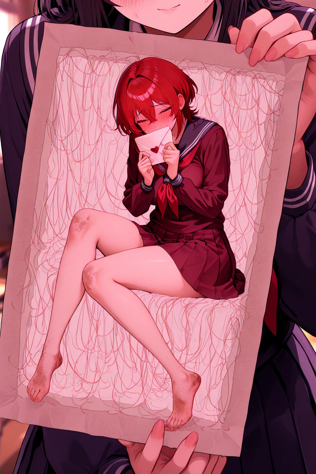 masterpiece, best quality, <lora:JXXLV1:1>,1girl, red hair, hat, hat feather, feather,red scarf, <lora:style29-xl:1>,style29, 1girl, long hair, solo, window, heart, sitting, cup, food,black coat, shorts, pillow, pink theme, profile, long sleeves,slippers, knees up, blush, mirror, bottle, cosmetics, frilled pillow, indoors, pink background,white footwear, stuffed toy, lipstick tube, very long hair, fruit, book, heart pillow, mug, phone, stuffed animal, full body, bandaid on leg, bare leg,