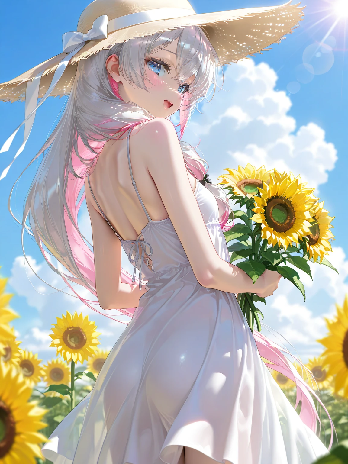 (((Ultra-high resolution))), masterpiece, OFFICIAL ART，High Definition CG Unity 8k Wallpaper，（Masterpiece:1.0),(top quality:1.0), 超high resolution,4K,Very Well Detailed,8k, high resolution, Kodak portrait 400, film grain, lens flare glow,best quality,8k), ,8k,(young adult woman)、young and adorable Japanese face, (blue sky, Big cloud, sunlight, sunflower field, holding sunflower bouquet, head tilt,),((silky smooth hair, absurdly long silver hair:1.3)),Her face is beautifully detailed,feminine silver hair,(silver hair),hair styled in a high ponytail hairstyle, hair over shoulder, low-tied long hair,((silver pink gradient color hair:1.1)),pink inner hair, (ultra-detailed,super detailed beautiful face and blue eyes, blue eyes,),Small Faces, lips, embarrassed, cleavage, ((ample bosom)), pale skin, shiny skin,correct limb, white summer dress, loose fit clothing, flared skirt, Wide brim straw hat, white straw hat, bow, back view, looking at viewer, open mouth, happy, (pastel colors:1.3), pastel, anime, depth of field, photo background, real world location, negativeXL_D,