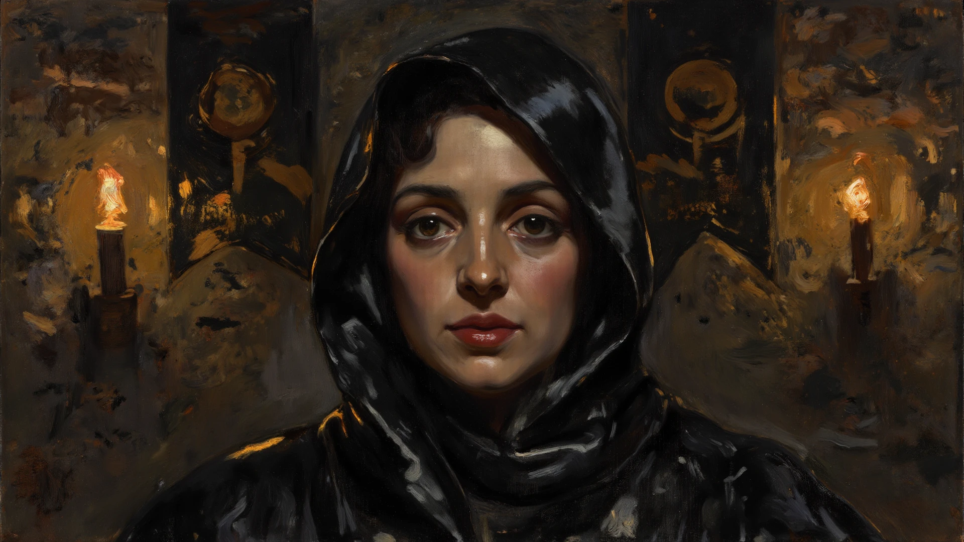 a painting of a cowering woman, gaunt, late 20s, arms wrapped in yellowing bandages, skin hidden behind dirty knight armor, bandages covered in dried blood and puss, disgusting, defiant fleeting eyes, in pain, old bandages wrapped tightly, mended armor plates over torso, mended knight, short ratty hair covering face, dirty face and clothes, sneering, face is visible, head is visible, short matted hair around head