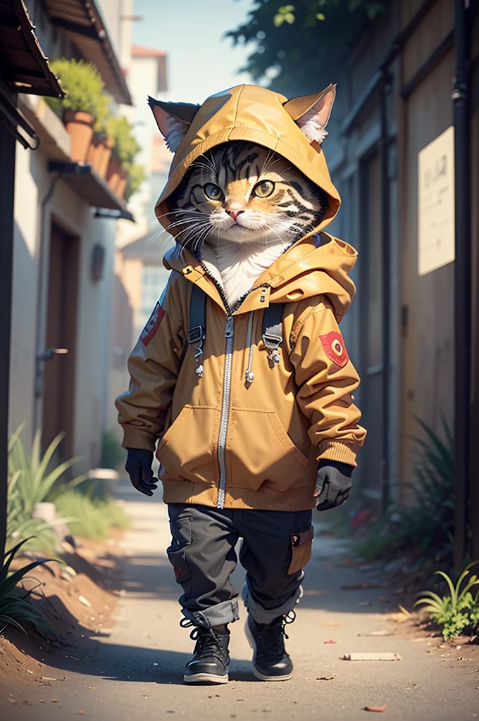 girl, CircuitBoardAI, tiny cute (happy1.4) cat in a (yellow raincoat1.3) in the woods, rain, a character portrait, Tilt-shift, bokeh