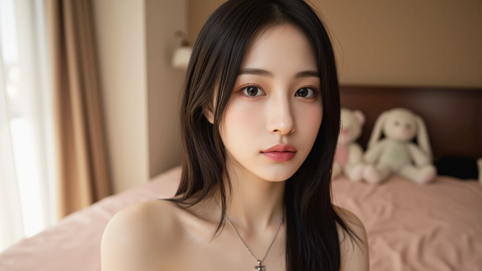 , (Mature body), Solitary,Long gray hair,black hair color, Off-shoulder, black eyes,1 Sister,A sexy pose,best quality,masterpiece,light,Extremely exquisite and beautiful,CG,Unite,8k wallpaper,Astonishing,detailed,masterpiece,Official Art,The content is very detailed Cg Unite 8k wallpaper,Extremely ridiculous,Huge file size,ultra - detailed,high resolution,The content is very detailed,Beautiful and delicate girl,Practical,full,Hotel Room,Light Contrast, Lopez, fully body photo, full, White lingerie