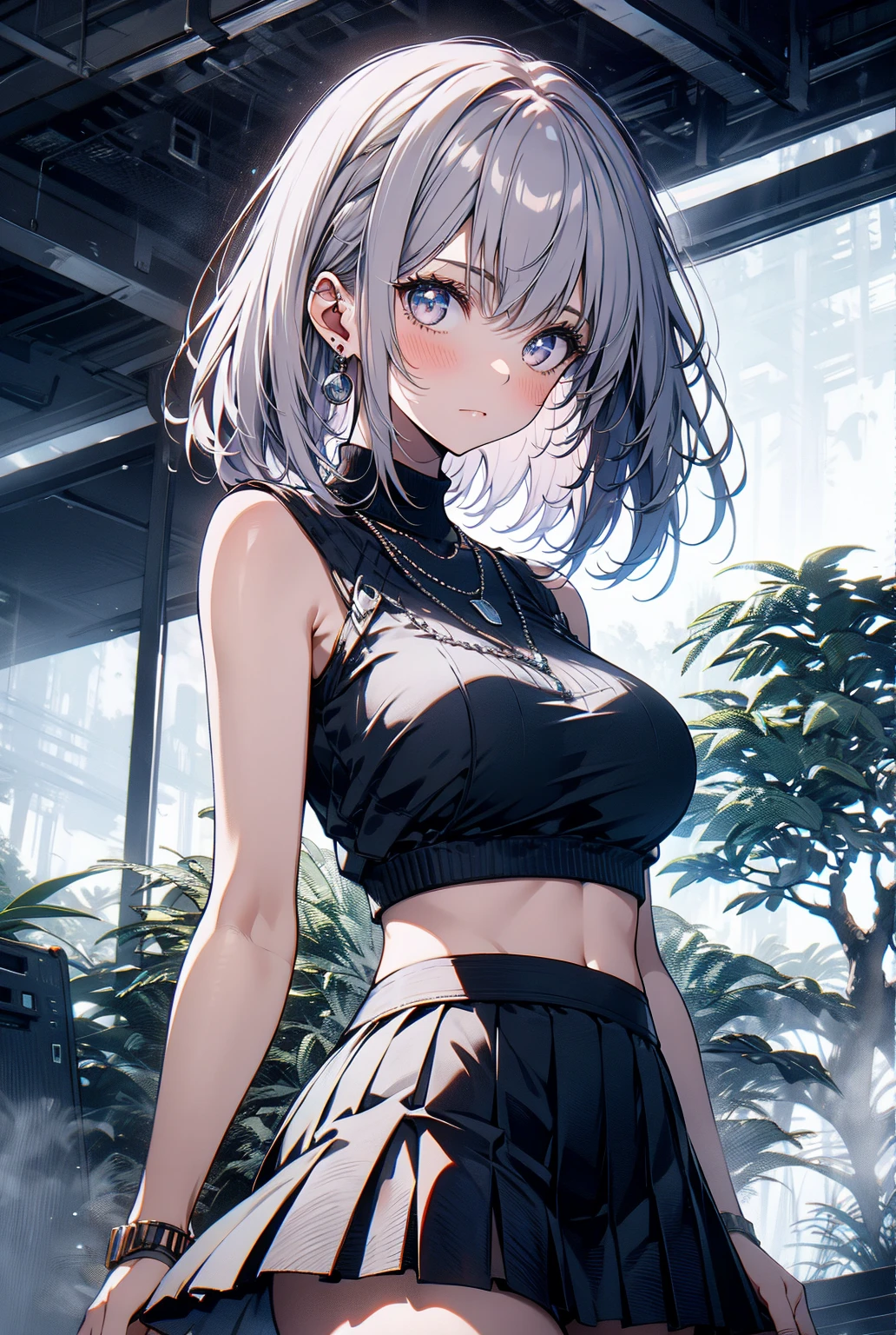 (Highest quality, High resolution, Very detailed), Silver Hair, Super short hair, Reddish brown eyes, slip dress, lace thong, Large Breasts, necklace, 24th generation, Beautiful woman, mature, quiet, Calm, A small smile, ruins,
