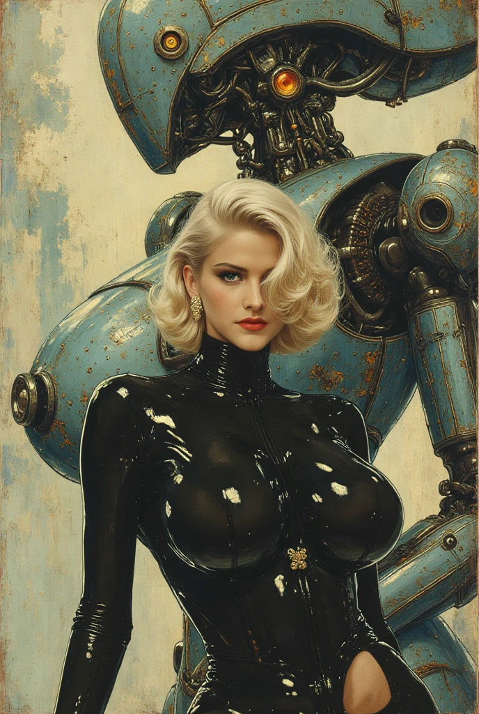 a close up of a woman in a costume, Barbie, zenescope, pinup art, seductive cyberpunk dark fantasy, dominatrix, art cover illustration, inspired by Greg Hildebrandt, comic digital art, epic full color illustration, blonde female cyberpunk, dominatrix barbie robot, pinup. lord of daggers, artgasm, cutesexyrobutts, perfectly centred, neo-expressionist oil paint, centred, posing portrait by hajime sorayama, render style (3DMM_V12) 3DMM, slick bold design, clean glossy lines, digital illustration, gloss finish, aesthetic, impeccable detail, awesome visual impact, endowed with gloss finish, bathed in volumetric lighting, refined by hugh hefner, Add_Details_XL-fp16 algorithm, 4D octane rendering, infused with global illumination and precise line art, softened through macros, executed with V-Ray, epitome of visionary art, nuanced by elegant perfectionism and pop art consumerism, infused, aw0k euphoric style negativeXL_D unaestheticXLv13 --niji 50 --testp --chaos