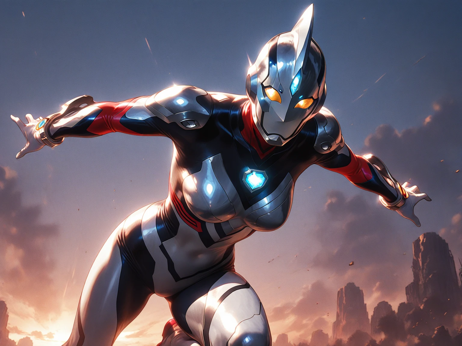 (masterpiece、8k、Ultra-delicate、hight resolution),(((Female Ultraman))),medium breasts,(((No muscleedium Boob))),(His head is tapering,The body is made of red and silver,The arms present a streamlined design,On the chest there is a round calculator,Looks tall and thin,The overall shape is streamlined、modern),(standing athletic pose),posed for photo,high-angle,nigth,city ruins,backgroung details,(((full body Esbian))),solo,(((Huge feeling))),NSFW,cameltoe,Dynamic Pose,from below,groin focus,the morning sun,(Erect clitoris:1.3),(Squatting:1.2),spread legs,(Open pussy:1.1),((wet pussy:1.1)),(long silver hair:1.1),red blush,smile、Attaching a cloak,(cum on face:1.2)
