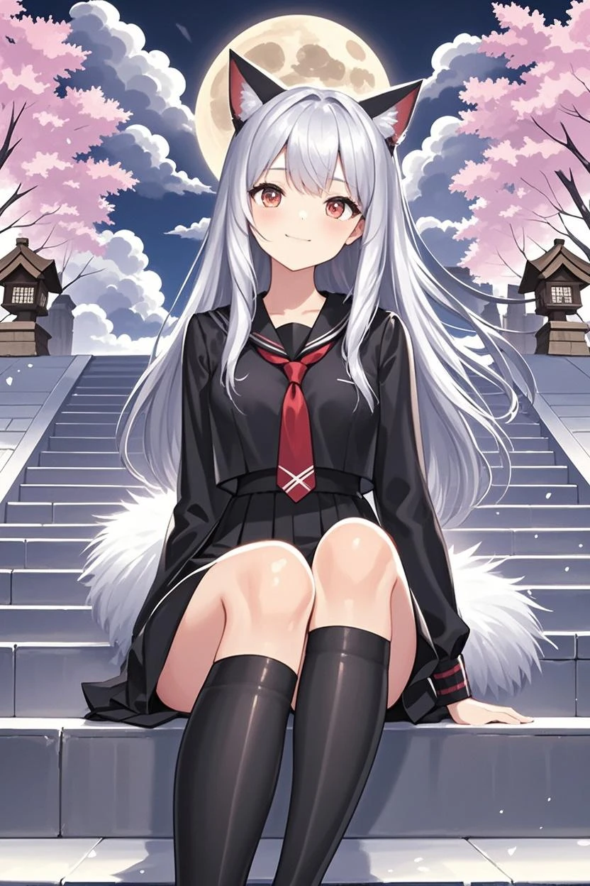 masterpiece, best quality, alone,white hair,straight hair,long hair,Pale pink eyes,cat girl,Big breasts,White cat ears,Cherry blossoms,blue sky,looking into camera,Show long legs