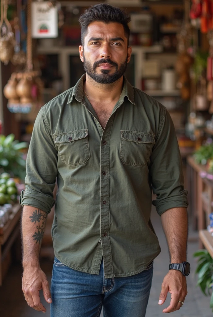 mature man, short black curly hair , tez moreno ,with red polo and jean pants , agricultural businessman , boxes of fruits and vegetables behind him and people working on the harvest