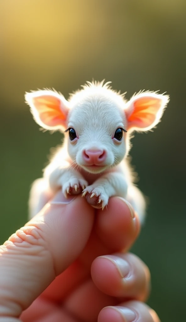 The world's smallest baby highland horse, a white calf perched on someone's finger, is undoubtedly cute and charming. The photo is very realistic and captures the subtle features of the miniature horse with precise precision.