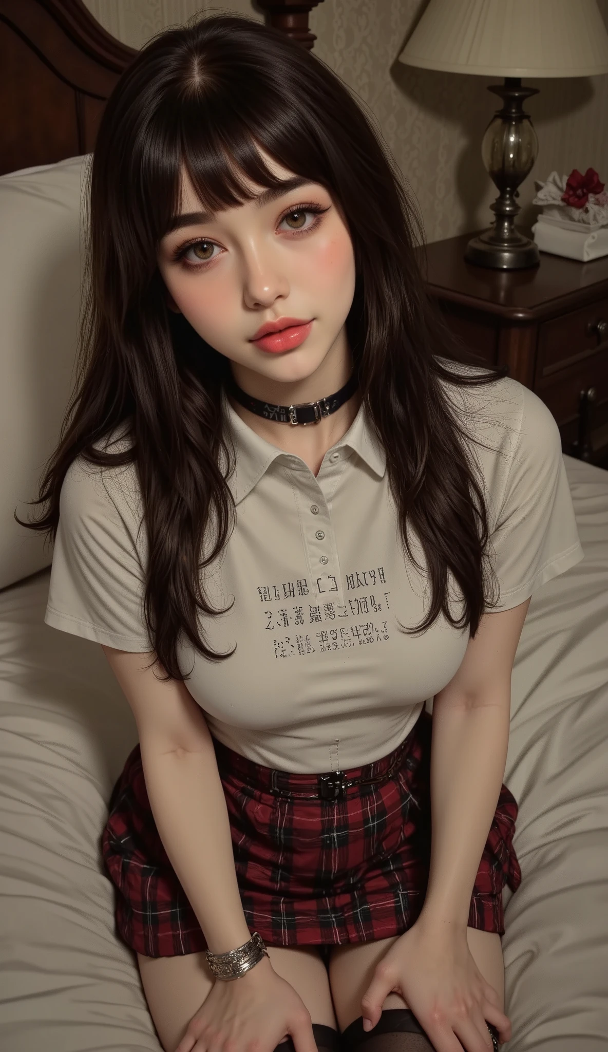 dasha taran poses on her knees in a relaxed and charming pose, front to camera, high angle shot , her hands resting on her thighs, top with inscriptions and drawing, red and black plaid miniskirt, shes on a bed, You can see her abdomen, sensual image without being vulgar, shiny jet black hair, fringe, hair falls to the sides, she looks at the camera , with half-closed eyes sensual look, full lips and kisses them, blushing cheeks, long false eyelashes, she wears bracelets, dog collar with a hoop and a chain, Hyperrealistic anime, artwork in the guweiz style, guweiz, seductive anime girl, by Yang J, by Yanjun Cheng, inspired by Yanjun Cheng, Guweiz on ArtStation Pixiv, Guweiz on Pixiv Artstation, trending on cgstation, cruel Korean Gothic girl , chiaroscuro, cinematic lighting, Fujicolor, UHD, Retina, masterpiece, Accurate, anatomically correct , textured skin, Super detail, high details, high quality, award winning , best quality, highres, 1080P, HD, 16K