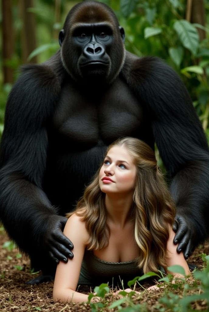 "(la mejor iluminacion, alto contraste, oscuro, dramatic),(Scarlett Johansson rubia junto a un gorilla musculosogigante,  Luz Caravaggio",lingerie 