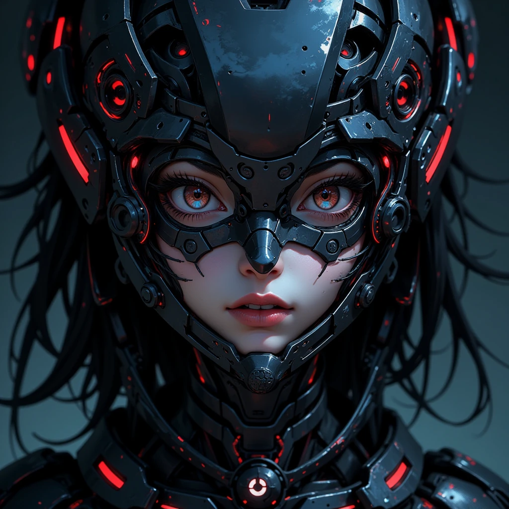 portrait of a woman with half mechanical face and cyborg eyes, glowing red cyber eye, cracked skin, high quality, high details, sharp focus, high contrast, shining and sparkling, dark colors, beautiful girl face pink hair