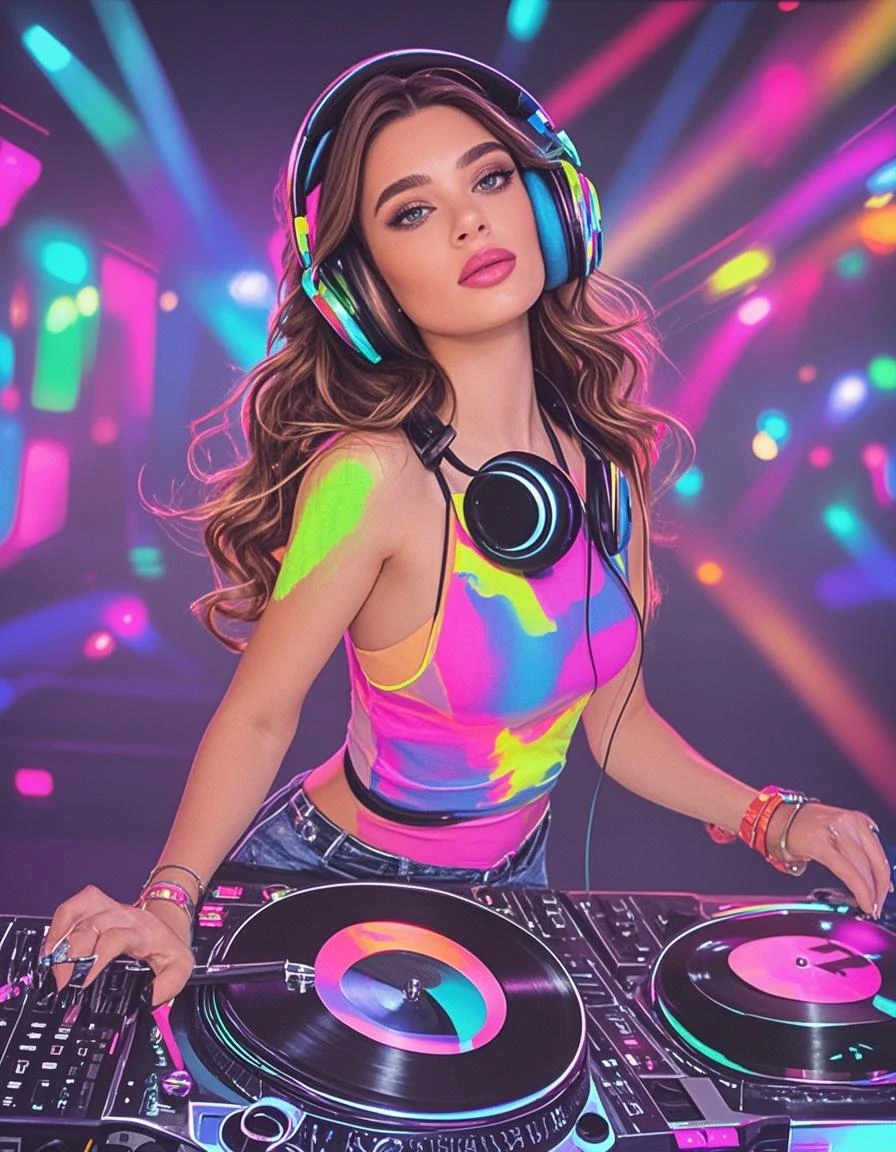 A female DJ plays at the DJ's desk, headphones on her head, great full view, beautiful 25-year-old Brazilian, dynamic extra long wavy multi colored dyed hair, shiny flowing wavy hair, happy face, realistic eyes, detailed facial features, vibrating with music, blowing in the wind, deep neckline dress with colorful psychedelic patterns on it, slim body, summer festival in the background, warm colors, (full body portrait photo), RAW, photography, (masterpiece), (((photorealistic)), ((hyperrealistic)), (skin pores), highly detailed, sharp focus, 8K, ultra quality, UHD, crystalline, (((incredibly beautiful)), extremely detailed, highly detailed skin, cinematic lighting, wide angle, Kodak, Canon 5d