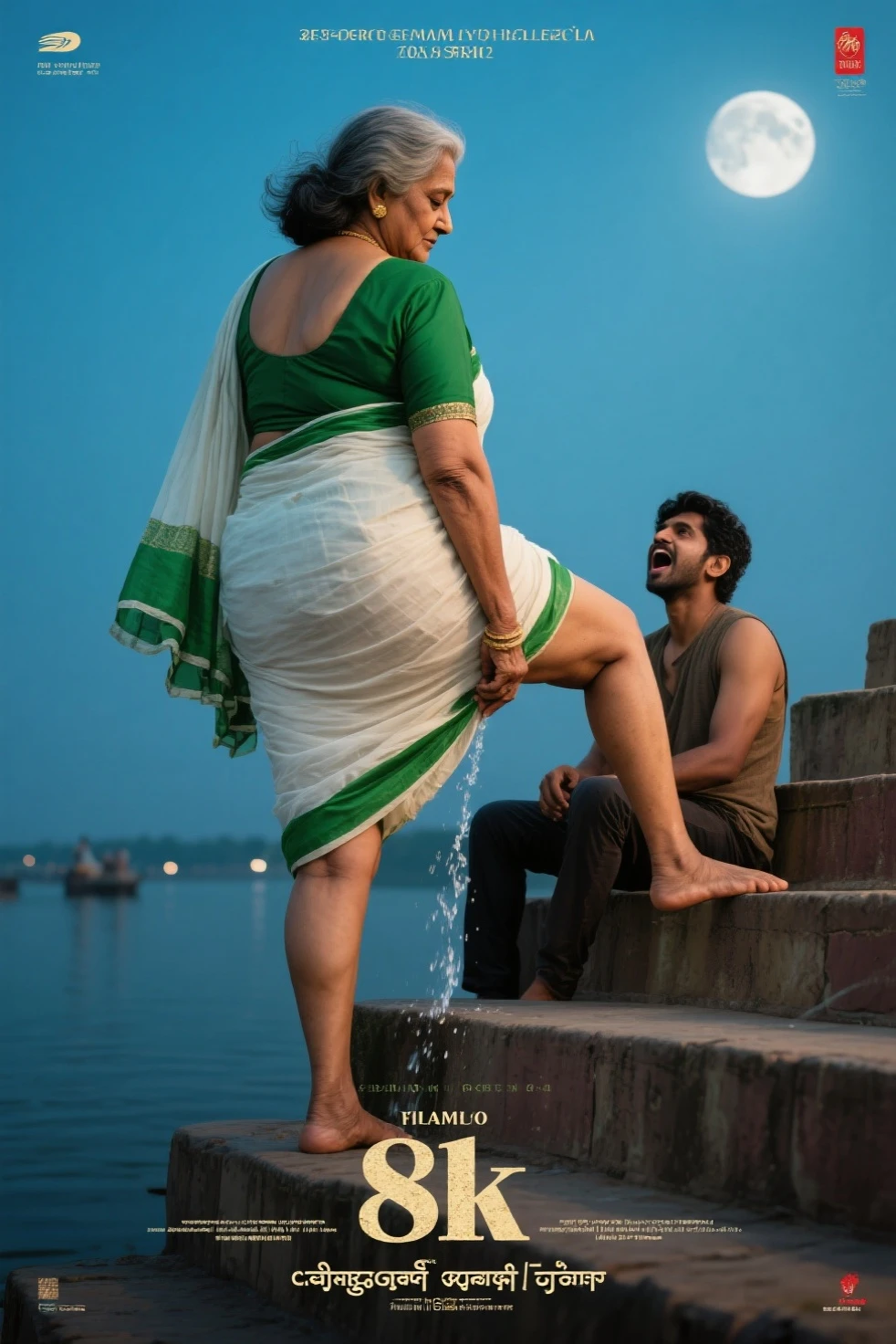 Beautiful and Slim Indian woman Aishwarya Rai in satin saree lifting a chubby man high above her shoulders with her strong arms. Photorealistic. At home terrace, natural smile, open sky background , gorgeous face