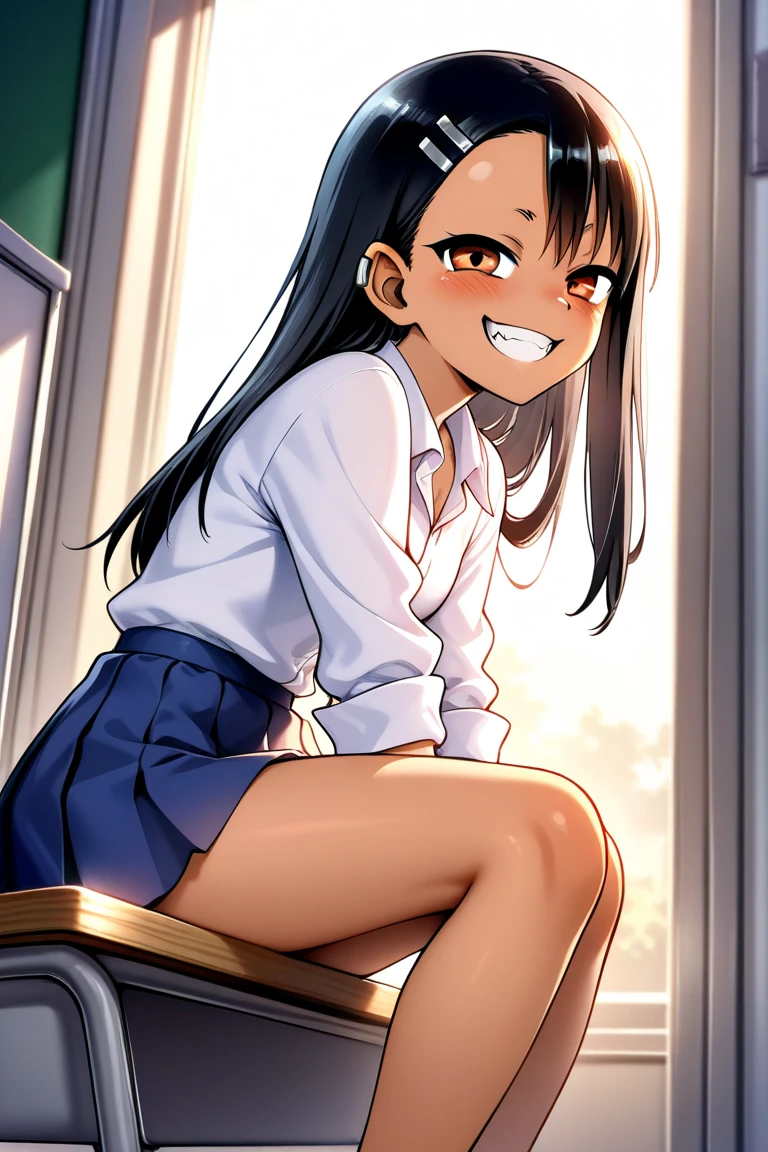 HDR, CG, sharp focus, (8k), (4k), masterpiece, highest quality, sharp focus, very detailed, Complex, very detailed, nagatoro hayase, brown eyes, black hair, bangs, long hair, black skin, hair clip, white shirt, blue skirt, mini skirt, white panties, no socks, uwabaki, Are standing, squat, spread your legs, cowboy shot, looking at the viewer, outdoors, with an evil smile