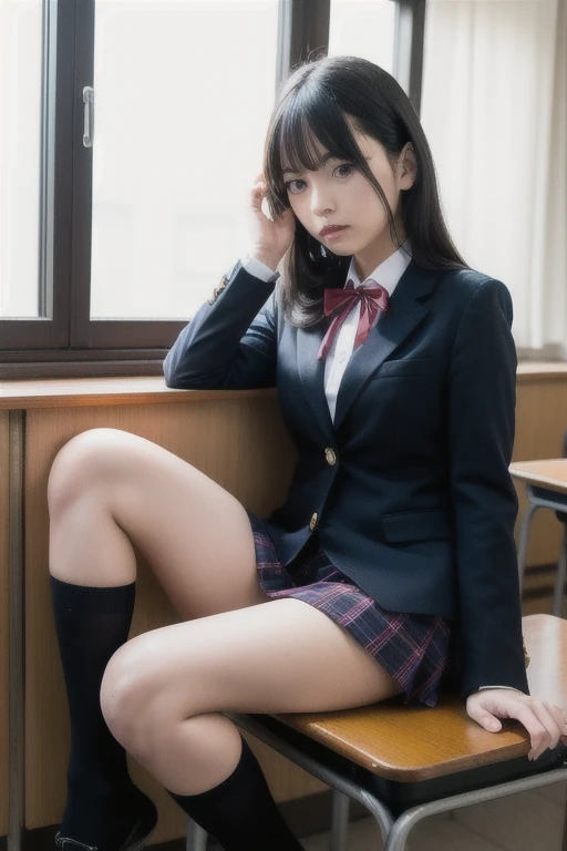 (8k、RAW Photos、Highest quality、masterpiece:1.2)、(Realistic、Realistic)、1 girl、((Updo:1.5、Pleated skirt、Loafer Uniform、blazer、Small breasts、classroom、Front view、Spread your legs out to the side:1.6、White silk panties、))、Lots of eyelashes、Add shine to your eyelids、skeletally correct、Showing panties、Spread your legs out to the side、Panty shot、sexy、(Panties close up:1.0)、Skirt Lift、Roll up your skirt、(M-shaped feet:1.5))、Black gal、Nipples are visible:1.4、Showing nipples、Small breasts、