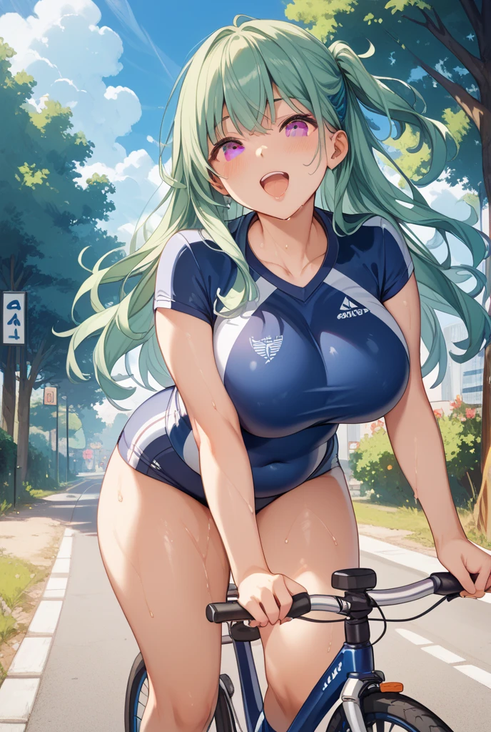 、long hair ,pink hair, big breasts, solo ,nipple, 16years old, ride a bicycle, Expressway