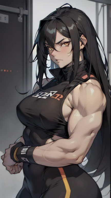 solo muscular girl muscular girl muscular girl thick thick thick breasts breasts breasts massive hair black hair yellow eyes pale skin embarrassed empty eyes sad