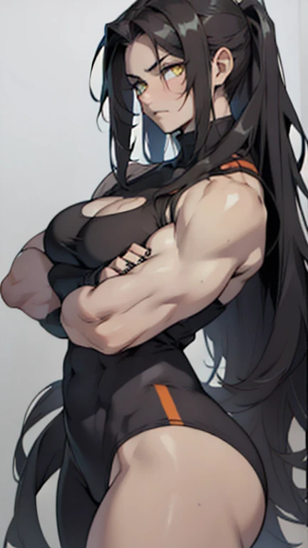 black hair yellow eyes pale skin sad (((((muscular 1girl))))) thick thighs huge breasts thin waist grey background see-through clothes very long hair