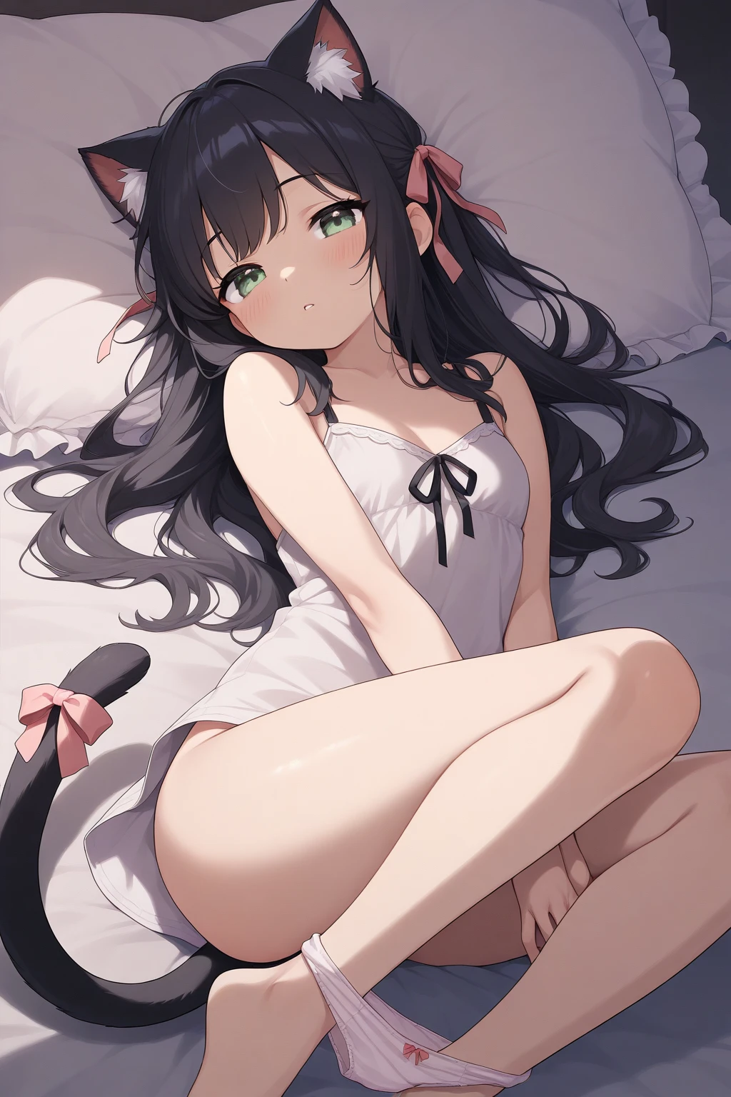Elf Girl、Age is 8 years old、Medium-long black hair、Grey Eyes、Completely naked、Lying in a dark bedroom、Seductive expression