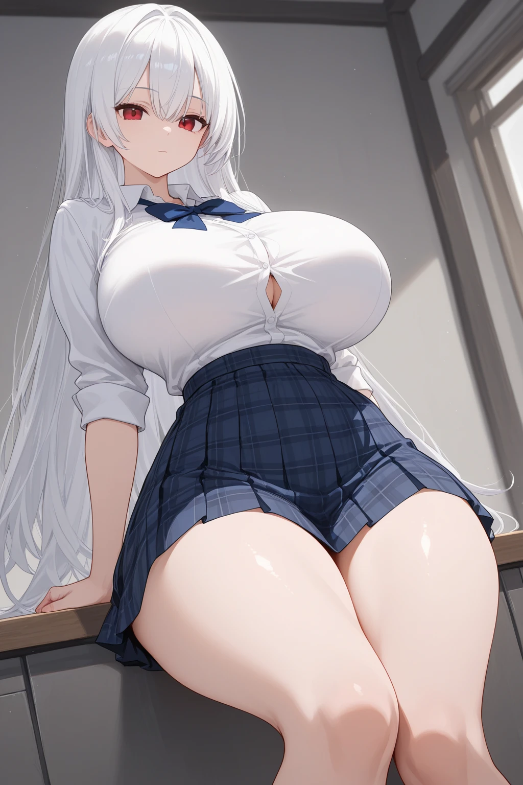 Silver hair, girl, school swimsuit, huge breasts, holding her thighs, straddling, soaking wet, orgasm