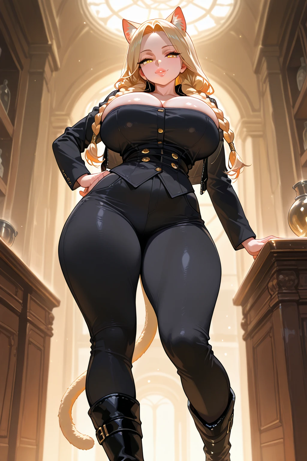 Masterpiece, pretty face, blonde, blunt bangs, perfect eyes, (perfect face:1.5), (detailed face), curvy, muscular, (wide hips:1.4), (thick legs:1.3), (thick calves:1.2), small boobs, (thin waist:1.3), hourglass body shape, boots