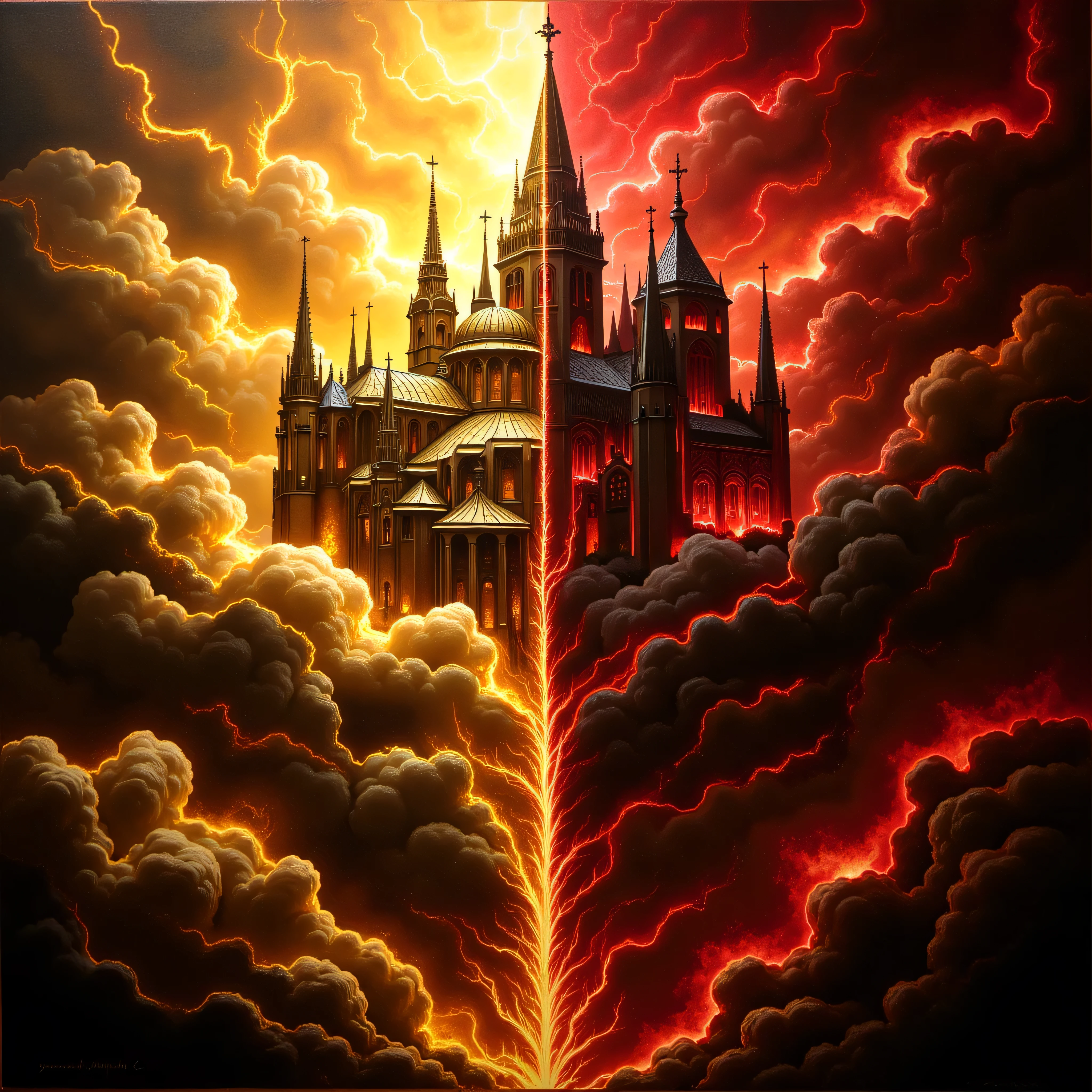 drawing. Maximalism. Realism. The painting is divided into two parts. One half is a golden church palace covered in golden radiance flying in the clouds and golden lightning. The other half is a eerie Gothic cathedral covered in crimson radiance and red flames. The background is depicted as clouds. One half is golden clouds, while the other half is blood-red clouds. The lighting is dark and Gothic. The painting is a horror piece.