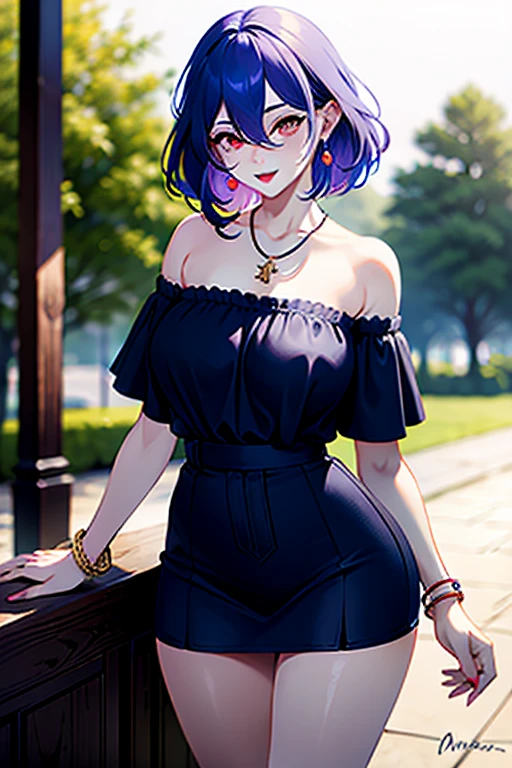 masterpiece, best quality, highly detailed, 1girl, solo, perfect anatomy, slim, red eyes, blue hair, bangs, purple hair, hair between eyes, multicolored hair, gradient hair, pink lips, thick thighs , edgCT, blouse, wearing edgCT, chic top, light smile, detailed background, outdoor, standing, sexy, sunglasses, skirt, earrings, necklace, bracelet,