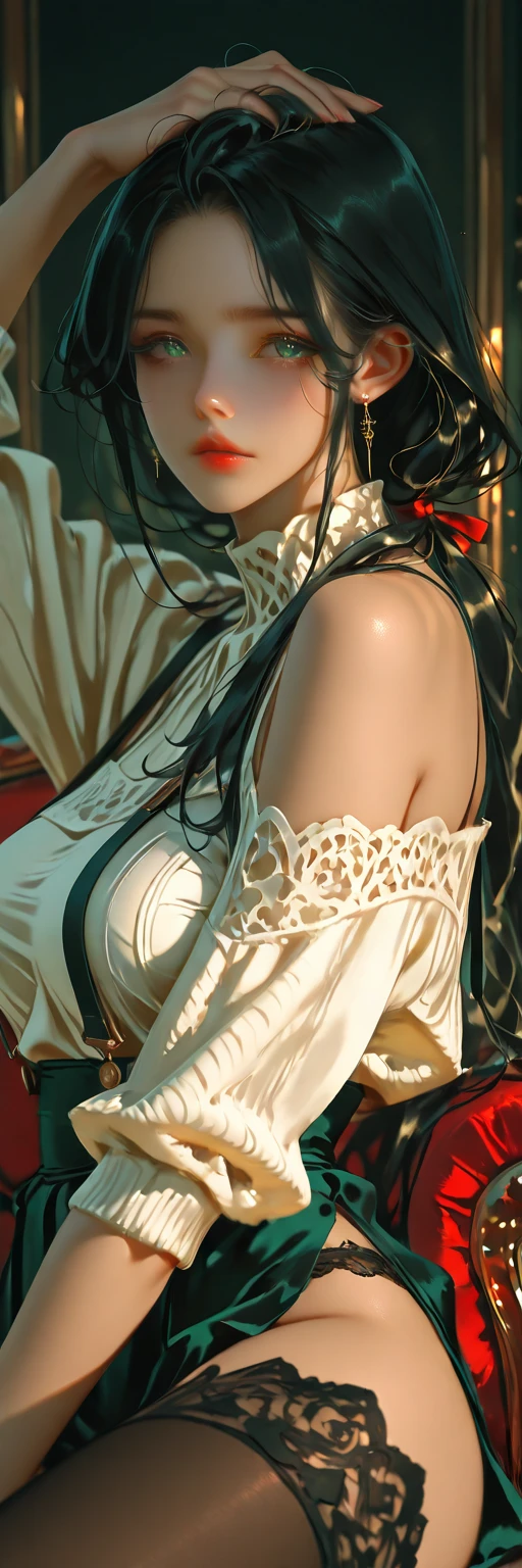 ((masterpiece)), ((the best quality)), (ultra-detailed), ((extremely detailed)), 4K, (8K),1 little, big chest, solo, cute, Fox ears, blush, smiling, red eyes, light Burnt Orange hair, blunt bangs, long hair, nine tail foxes, choker, {1girl in center}, (mature female:1.0), (mature face:0.9), Exceptional smile, sitting, (close up belly:0.95), cowboy shot, (from below:1.05),(dynamic_angle:0.6), (beautifully detailed face, oily shiny skin), (abs:0.7), (detailed eyes, sharp eyes, clear pupils:0.8), eyelashes, perfect hands, five fingers on one hand, (intricate:1.2), (semirealistic:1.2), (heavy lines:0.8), (color sketch:0.5), color illustration, masterpiece, (high saturation:0.95), beautiful background, (clearly), sharp shadows, boldly, (in flower bed), field of Sakura trees, outdoors, red-black kimono