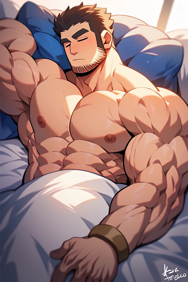 ((Best Quality, 8k, Masterpiece: 1.3)), Full Body, Focus Clear: 1.2, Outstanding Style: 1.4, Backshot of a giant muscular man lying in bed, detailed, blue eyes, thick eyebrows, Bara art, blond hair, wearing white briefs, with a wedgie, hyper muscle ass, big bubble butt