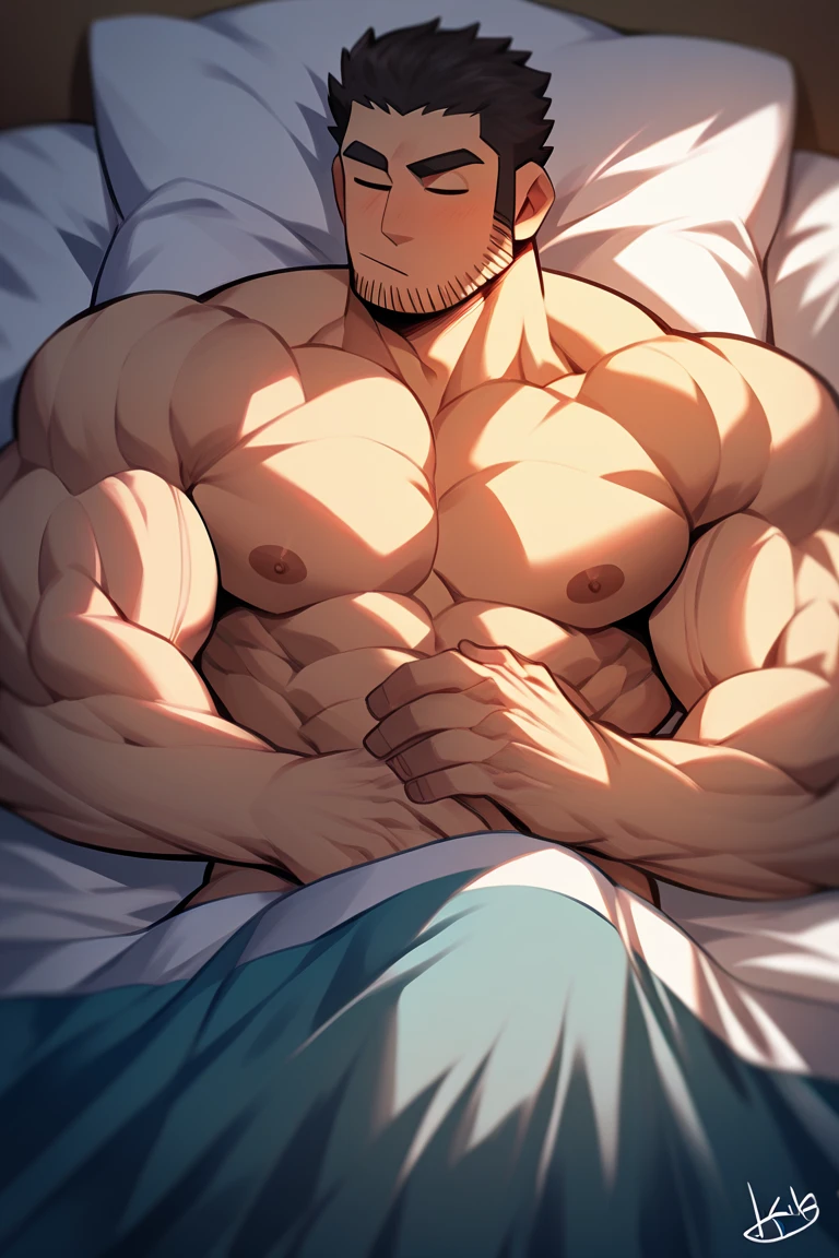 he has an oval face with green eyes, thin lips and a watery nose, he has light brown hair, fine eyebrows, a different physique with round shoulders, large strong arms, a broad and powerful chest, abs of steel and long and muscular legs, yes found at home in front of his bed