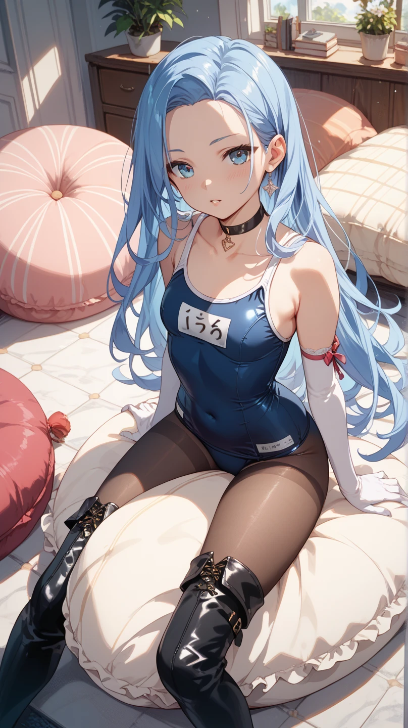 (absurdres, 8k, 4k, masterpiece, hyper extreme detailed:1.2), solo, 1girl, side view portrait, best quality, expressive eyes, perfect face, 1girl, portrait, solo, Female, mature female, adult, silver hair, brown eyes, light smile, blue hairbow, birds, small bust, long hair, straight hair, drawing, swept bangs, cowboy shot, half body, silver hair, expressive eyes, perfect eyes, cafe background, smile, glasses, artist, artistic, creative, creativity, passion, passionate, friendly, cafe background, blue skies, sun, clouds, window, azura \(fire emblem\), streetwear, sky blue t-shirt, graphic t-shirt, bound, bondage, (arms behind back:1.4), bdsm, tape gag, tape, tape bondage, close-up, restrained, best anatomy, full body, tape wrapped, wrap gag, bondage, sitting down