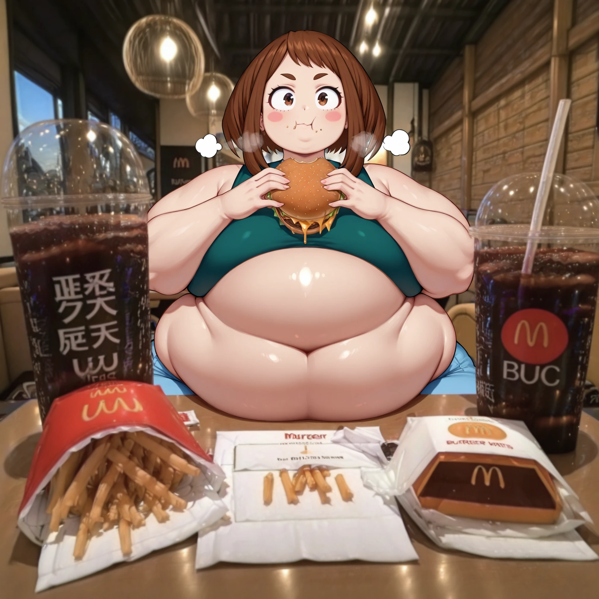 masterpiece, best quality,
burgerdate,
Uraraka Ochako,
1girl, solo,
:t, closed mouth,
eating, holding, holding food,
looking at viewer,
burger, fast food, burger on table,
photo background,
wooden table, fat, chubby, obese, gigantic arms and legs, large breasts , out of breath, big belly,
soda, cola, drink,
napkin, full body shot, from above