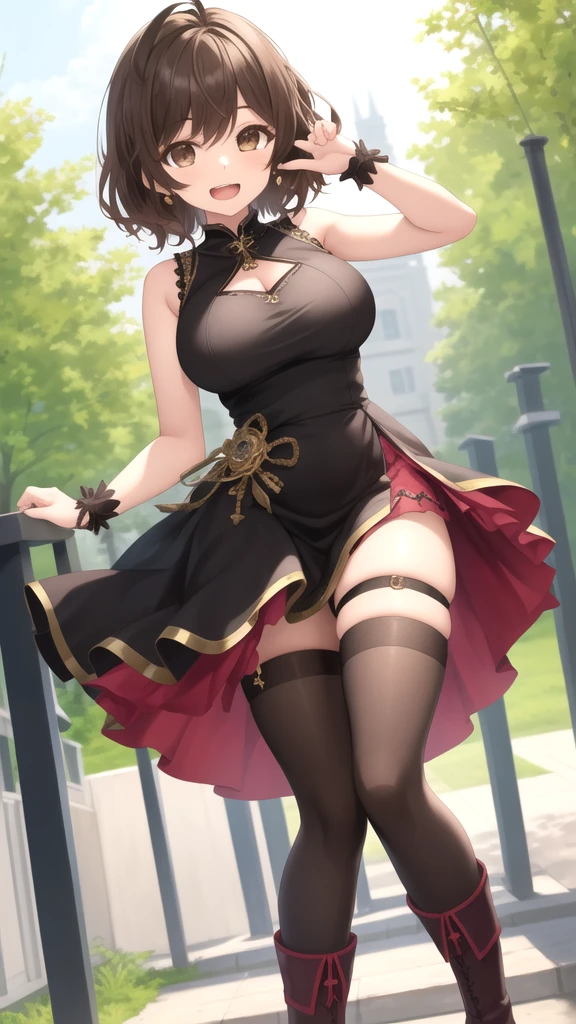 masterpiece, best quality, absurdres, perfect antomy, 1girl, SMJupiter, green eyes, ponytail, bare shoulders, black dress, black footwear, breasts, cleavage, collarbone, criss-cross halter, hair ribbon, handbag, looking at viewer, smile, solo, standing, cowboy shot, indoors, reflective floor, ball room, palace