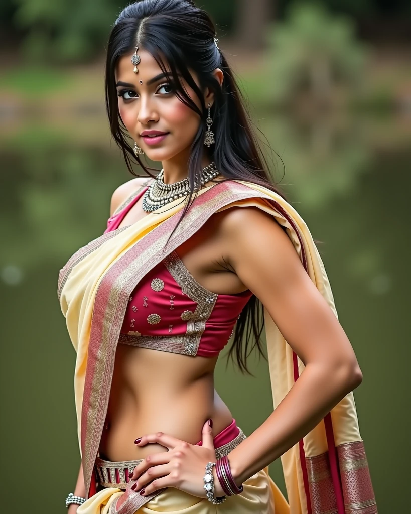 girl adorned in a vibrant lehenga choli set, round deep navel, eyes symmetry, face symmetry, HDR, bold and rich colors, intricate embellishments, and festive accessories for a celebratory look, HDR