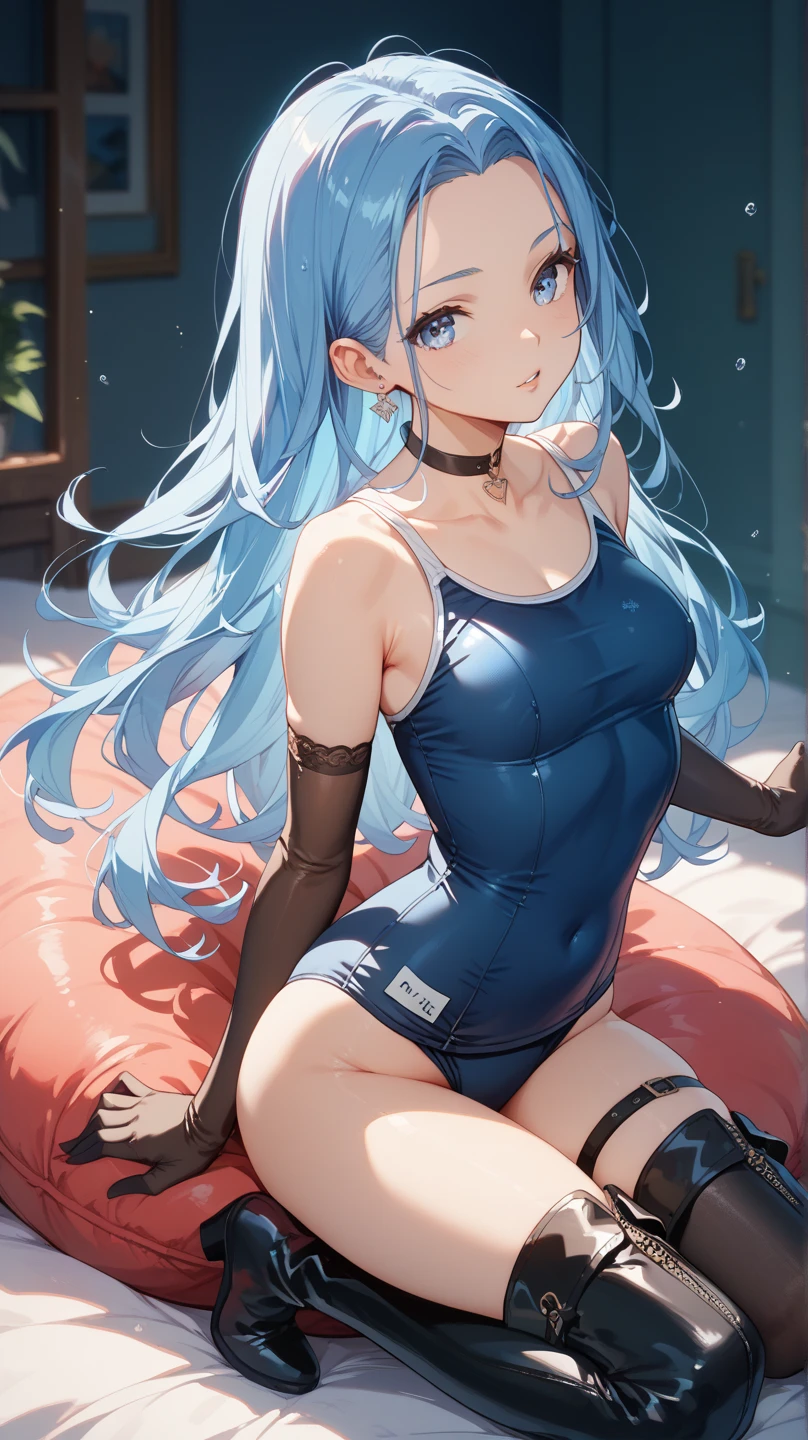 highest quality,wonderful,finely,extremely detailed CG Unity 8K wallpaper, (1 girl,wavy hair, blue eyes,medium hair), (small breasts:1.2), (school swimsuit:1.1), (bare shoulders:1.1), (clavicle:1.1), (open mouth:1.2), (long tongue:1.2), (mouth drool:1.2), (zettai ryouiki:1.2),(constriction:1.2), (Are squatting:1.2),(Nipples),(Nipples visible)