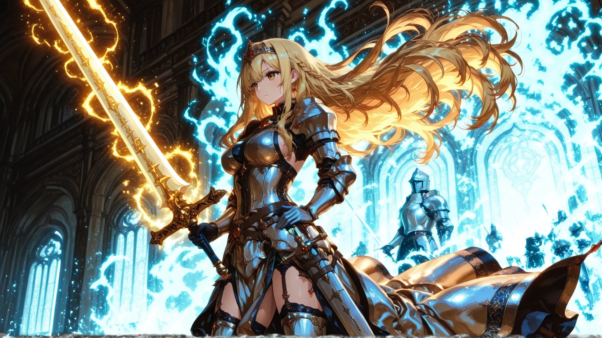 Very Delicate Blonde Girl,Knight, has a sword ,Extremely Delicate CG Unity 8K Wallpaper,Upload a person ,chanting magic in a flashy manner,splash,like CG wears a blue aura, showing great skill,Visual visual beauty,like the picture,top quality