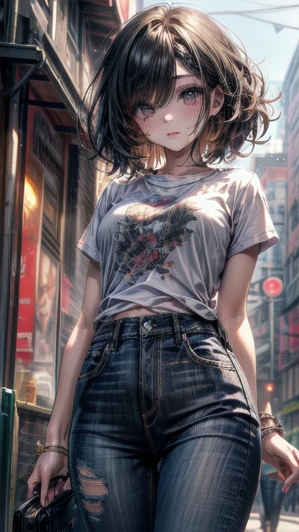 1girl, short black hair, GREEN eyes, wearing plain white shirt, denim shorts, city, absurdres, high res, ultrasharp, 8K, masterpiece, looking at viewer, dancing bachata, and write name with clouds SARAH