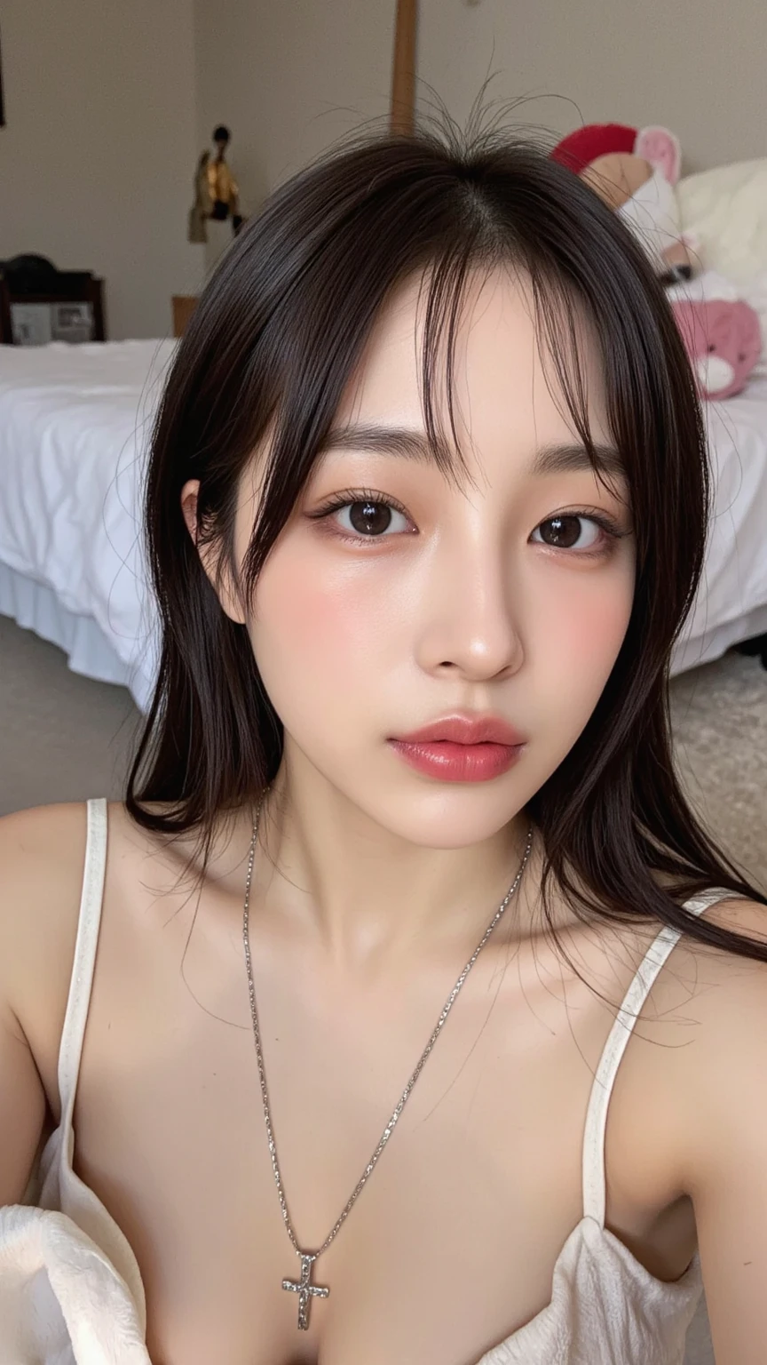 Realistic, High resolution, 1 female, Glowing Skin, alone, Wide lips,Saggy breasts,Idol body type,Round face,she,Realistic skin texture,Genuine,Detailed face,Busy,Huge breasts,high school girl,M-shaped foot,Spread your legs,裸のshe,Black Hair,Admire the male genitalia,Out of breath,Wet body,Open mouth does not block
