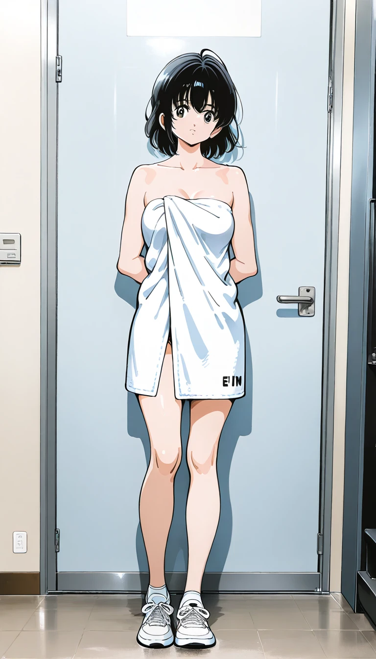 (Masterpiece), Best Quality, ultra-detailed, 1girl (Gwendolyn_Tennyson, lovely small breasts, naked body, orange hair, short hair, green eyes, half-closed eyes), evil face, smirk, parted lips, nose blush, blush, facing viewer, looking at viewer, solo, bathrobe, undress, , in the bedroom, night time, , standing, come-on, temptation, undressing, Full-body