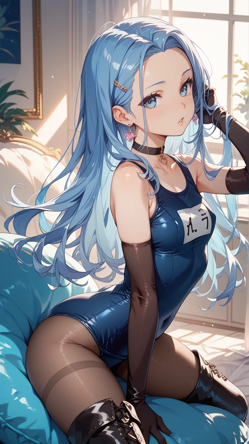 Persona 5 Art Style, Persona 5 Style, Kasumi Yoshizawa, Girl in Swimsuit, Full Length Portrait, High Quality, Ponytail, Small Breasts, Bangs, Smooth Thighs, Patsun, Top Quality, Ultra High Definition, Fine Eyes, Slender Legs, Fine Beautiful Eyes, 8K, White Bikini, Protruding Buttocks, Blue Hair