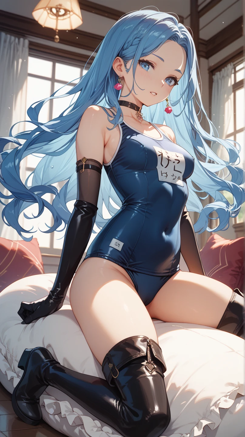 Character Details:, - Gender: 1 Girl.
- Style: Anime, - Body Type: Attractive body, slim body, nice legs, slim tights, nice arms, nice butt, nice shoulders. - Breast: (Small Breast:1.1), (Cleavage), (Nipple:1.1).
- Facial Feature: Beautiful, Gorgeous, Teenager, Fresh, Young.
- Expression: Shy,Pink Blush on Face, Pink Tongue, Sexy Eyes, Sexy Look, (Sweating:1.4), Innocent Look, Tipsy. - Hairstyle: Blunt Bangs, Long Hair. - Hair Color: (Light Blue Hair:1.5), (Messy long Hair:1.3),
- Clothing: (Sport:1.6), (Off-Shoulder:1.3),. - Body Pose: (Lying on back:1.4), (looking back). - Behaviour: Waiting, Want Something, Secretly.
- Accessories: Earrings, No Hair Accessories, Environmental Details:, - Setting: Bed Room., - Lighting: Natural Light., - Decoration: Modern Bed, Chair, Window, White Curtain, City View. Top view. pov, anime style, UHD, retina, masterpiece, accurate, anatomically correct, textured skin.