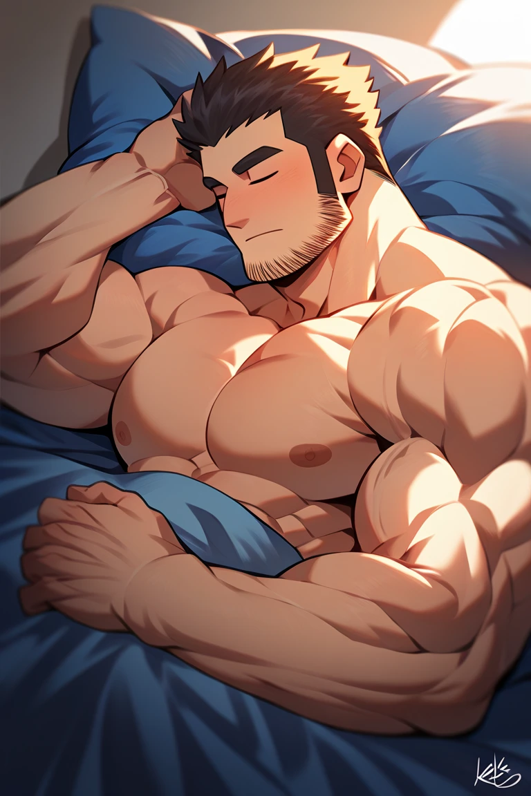 1man,masterpiece,best quality,from above,sweatdrop,lying,on bed,muscular male,facial hair, loincloth, buzz cut, bedroom,hairy body,depth of field, messy,
