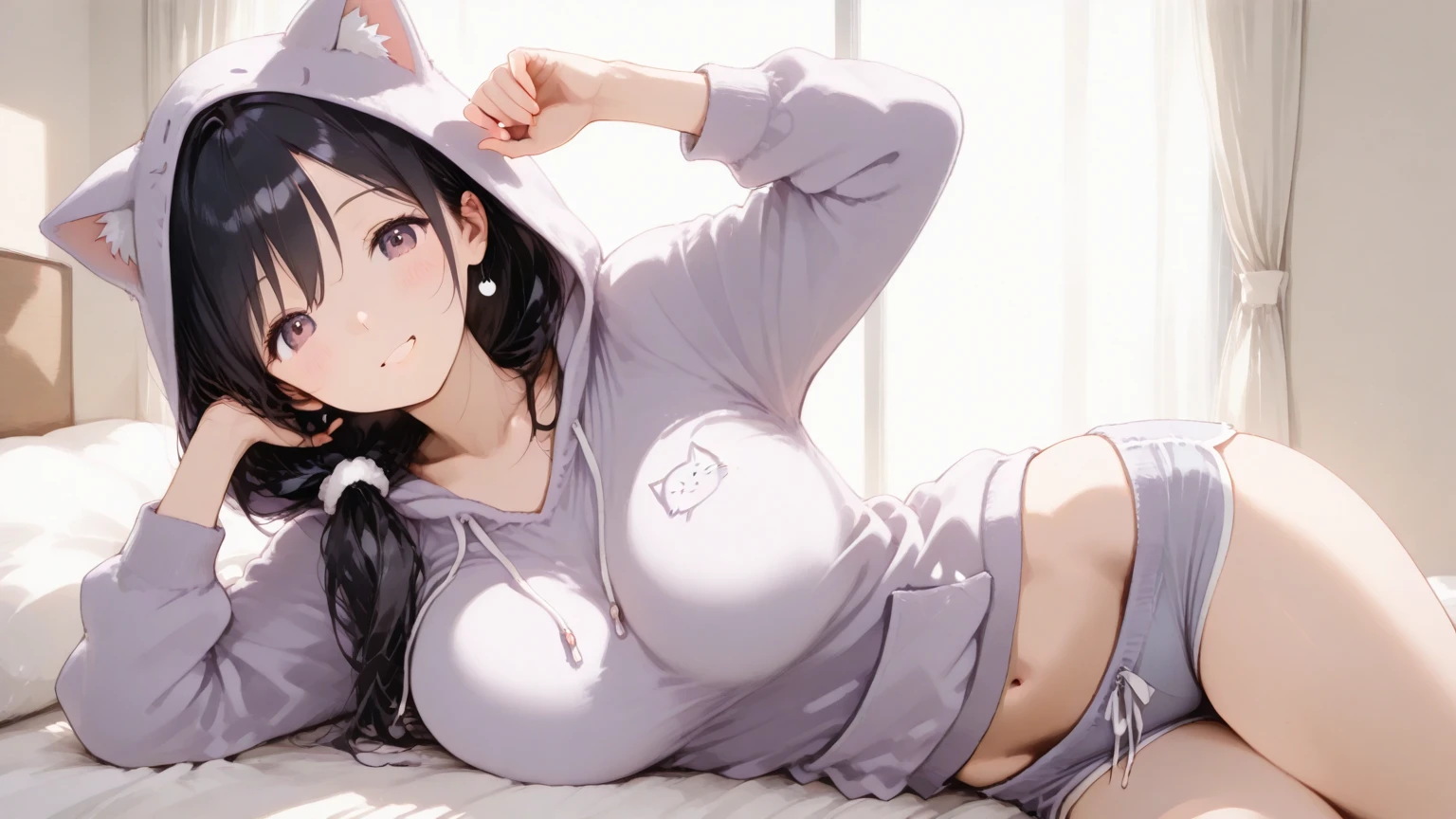 arafed woman sitting on a bed in a black and red hoodie, ((Big Boobs:1.9)), asian girl, ig model | artgerm, asian girl, black haired girl wearing hoodie, korean girl, girl wearing hoodie, seductive anime girl, sexy girl, like artgerm, anime girl in real life, chinese girl, artwork in the style of guweiz, young asian girl