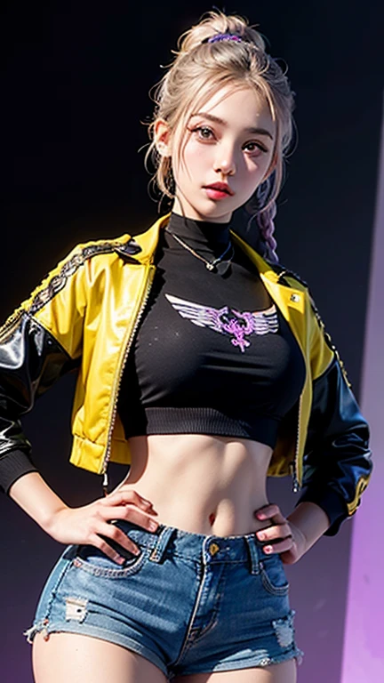 Sporty idol girl、whole body、Good style、、、、Cool blue jacket、Glowing fluorescent yellow tight mini skirt、cool belt、、、、、Cyber city at night