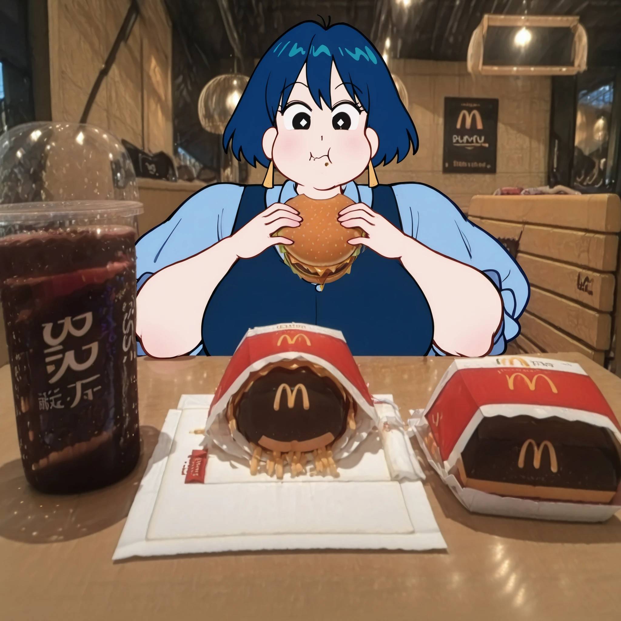 masterpiece, best quality, burgerdate, Lulu(Crayon Shin chan) blue hair, black eyes, 1girl, solo, :t, closed mouth, eating, holding, holding food, looking at viewer, burger, fast food, burger on table, photo background, wooden table, fat, chubby, obese, gigantic arms and legs, large breasts , out of breath, soda, cola, drink, napkin, full body shot, puffy cheek