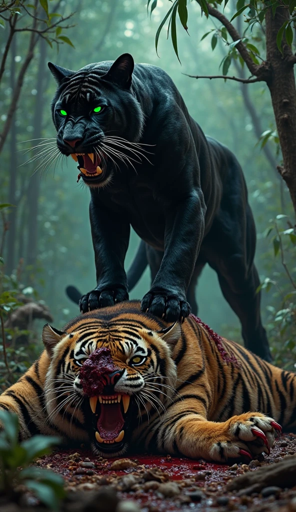 Agresive Black panther standing on a dead lynx that it fought. In a scary forest