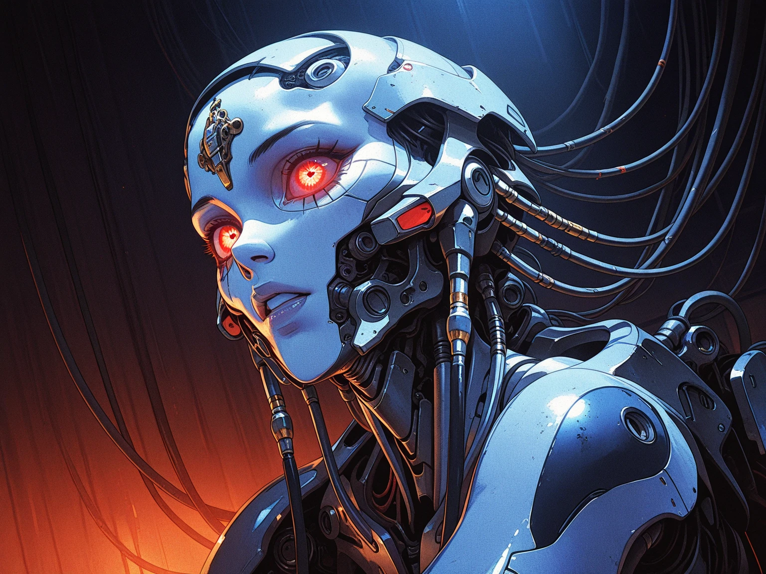1mechanical girl,((ultra realistic details)), portrait, global illumination, shadows, octane render, 8k, ultra sharp,metal,intricate, ornaments detailed, cold colors, egypician detail, highly intricate details, realistic light, trending on cgsociety, glowing eyes, facing camera, neon details, machanical limbs,blood vessels connected to tubes,mechanical vertebra attaching to back,mechanical cervial attaching to neck,sitting,wires and cables connecting to head