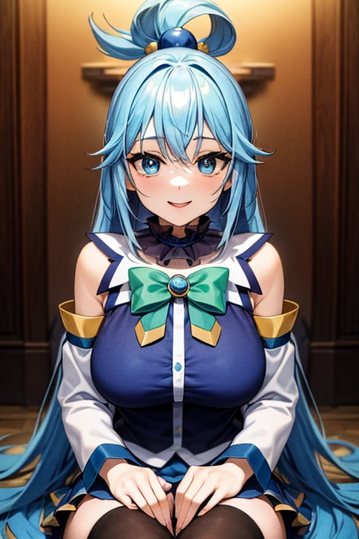(masterpiece, best quality:1.2), expressive eyes, perfect face, highres, 1girl, solo, aaaqua, long hair, blue hair, hair rings, hair ornament, choker, bare shoulders, green bow, blue shirt, detached sleeves, blue skirt, thighhighs, happy smiling, standing, upper body, portrait, looking at the viewer,curvy,,oily skin,shiny skin,most evil huge laugh,lipstick,sadistic smile,deep shaded face(eyes in shadow),singlebraid,smile worst,worst ridecule,most evil moukery,,onebraid,,two hands,five fingers,dark aura background,A face full of evil,most evil ridicule,,horor, Violence, , The Empowerment of Evil, monster,naughty face,seductive smile,evil smirk,ojou-sama pose,oily skin,shiny skin,