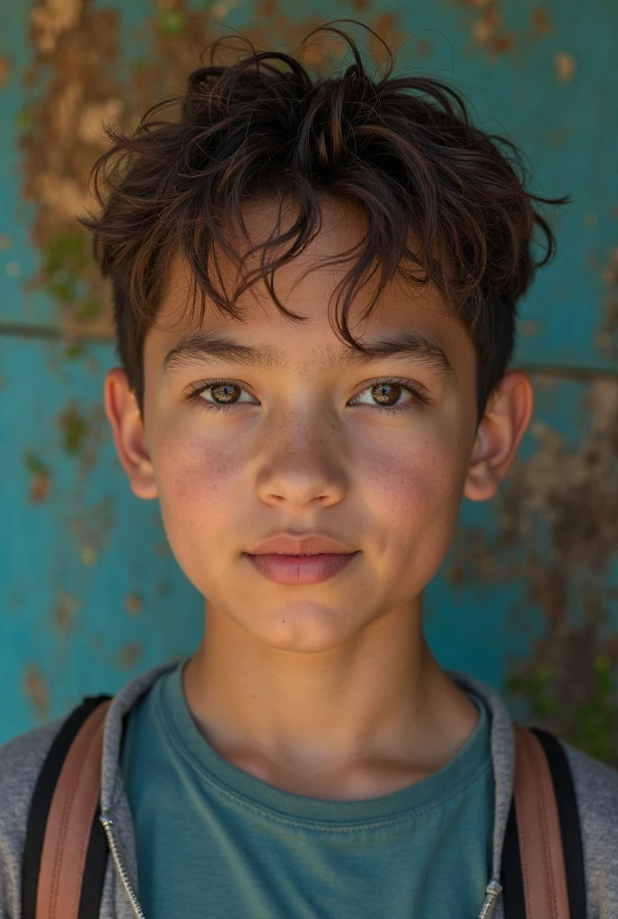 analog film photo, modern day photo of a young student, 14 years-old, male, brown-black hair, long curly hair, brown eyes, caucasian, round face, oval-shaped jawline, bulbous nose, full lips, thick eyebrows, soft features, stocky broad frame, chubby, fat, resembles Gaten Matarazzo, (relaxed school uniform:1.1), silhouette, backlit, split lighting, half face in shadow, RAW Photograph, dslr, hard lighting, hard shadows, high quality, film grain, Fujifilm XT3, detailed skin with visible pores, insane details, masterpiece, 8k, 35mm photograph, dslr, kodachrome, faded film, desaturated, 35mm photo, grainy, vintage, Kodachrome, Lomography, stained, highly detailed, found footage, yearbook portrait, contemporary, 2024