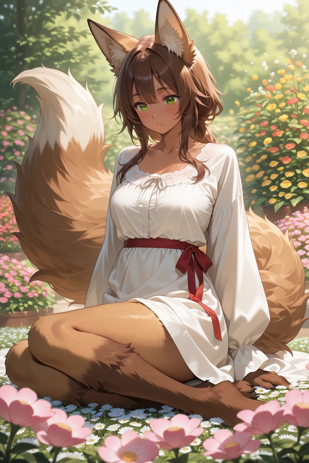 fox, (Monster Girl), long brown ears,Dark brown inside, Brown fur, Tepia neck villi, Brown fluffy tail,The tip is brown, Big brown eyes, dressed sober clothes, Sitting in the garden, masterpiece, best quality
